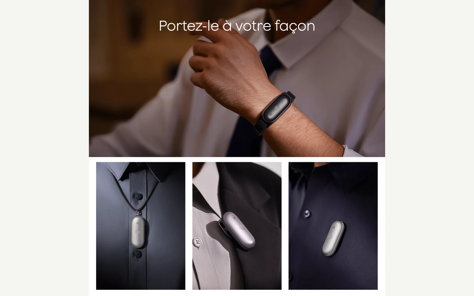 Plaud NotePin S porté au poignet, au cou et sur un vêtement